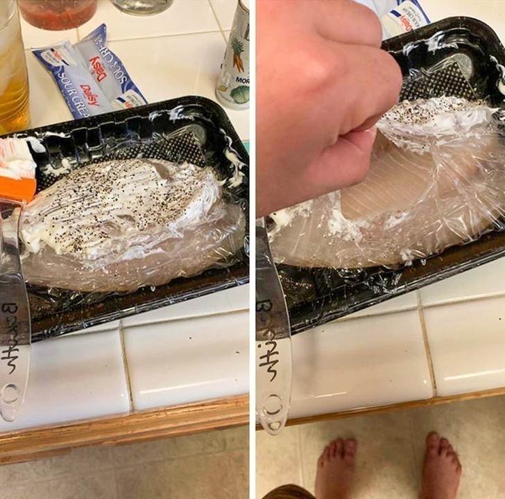 18. "Moja kochana żona posmarowała rybę śmietaną i doprawiła ją solą i pieprzem zanim zdała sobie sprawę, że nawet nie zdjęła z niej folii."