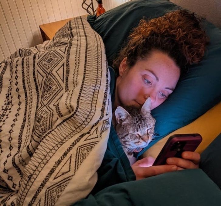 "Moja żona i nasz kot przytulający się przed snem"