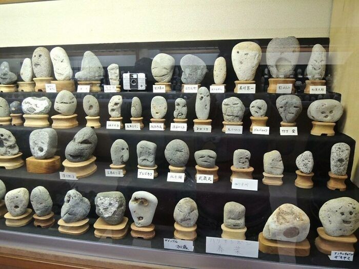 Wystawa w japońskim muzeum, ukazująca rozmaite kamienie z "twarzami" uformowanymi wskutek naturalnych procesów