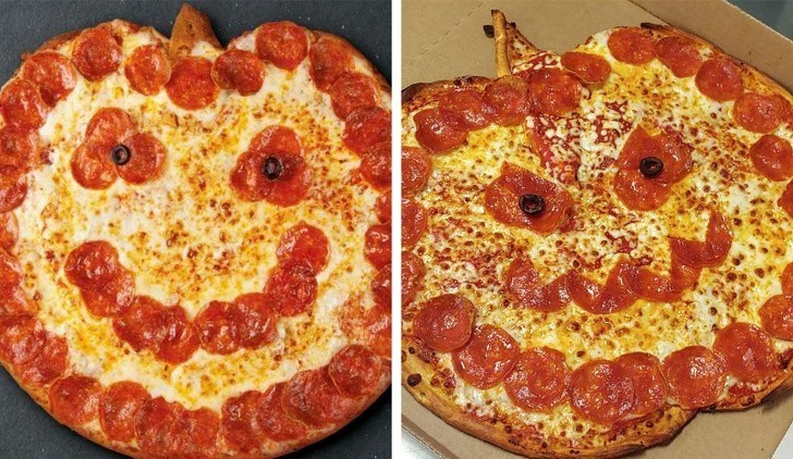 8. „Po lewej, reklama naszej pizzy. Po prawej, gotowy produkt, czekający na dostawę.”
