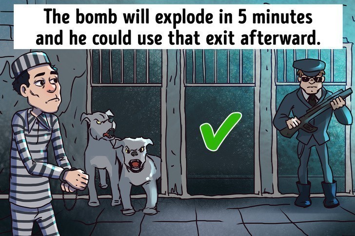 6. Bomba eksploduje w ciągu 5 minut, więc po tym czasie będzie on mógł użyć tego wyjścia.