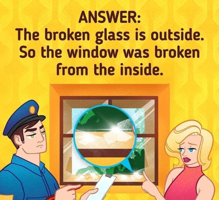 Odpowiedź: Fragmenty szyby znajdują się po zewnętrznej stronie okna, co oznacza, że została ona wybita od wewnątrz.