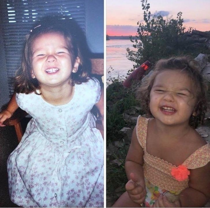 13. Na lewym zdjęciu moja córka w wieku 2 lat w 1998 roku, na prawym moja 2-letnia wnuczka w 2019"