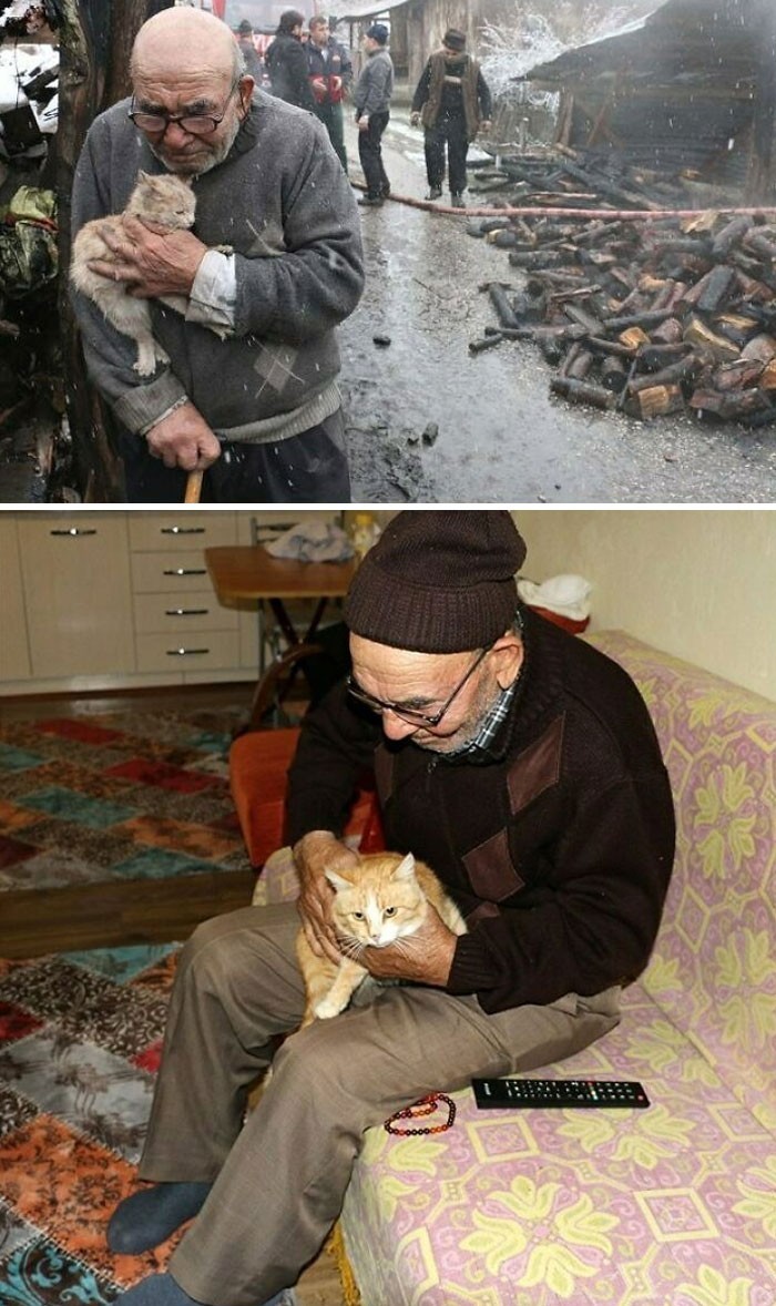 Pamiętacie starszego tureckiego mężczyznę, który stracił cały dobytek w pożarze, ale uratował swoje koty? Ludzie kupili mu nowy dom.
