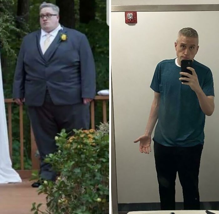 "Zdjęcie z lewej zostało zrobione dokładnie 3 lata temu, gdy byłem drużbą na ślubie przyjaciela. Ważyłem około 270 kg. Teraz to 100 kg."