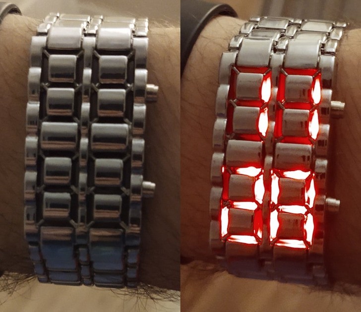 "Zegarek wyglądający jak zwyczajna bransoleta, gdy godzina nie jest podświetlona"