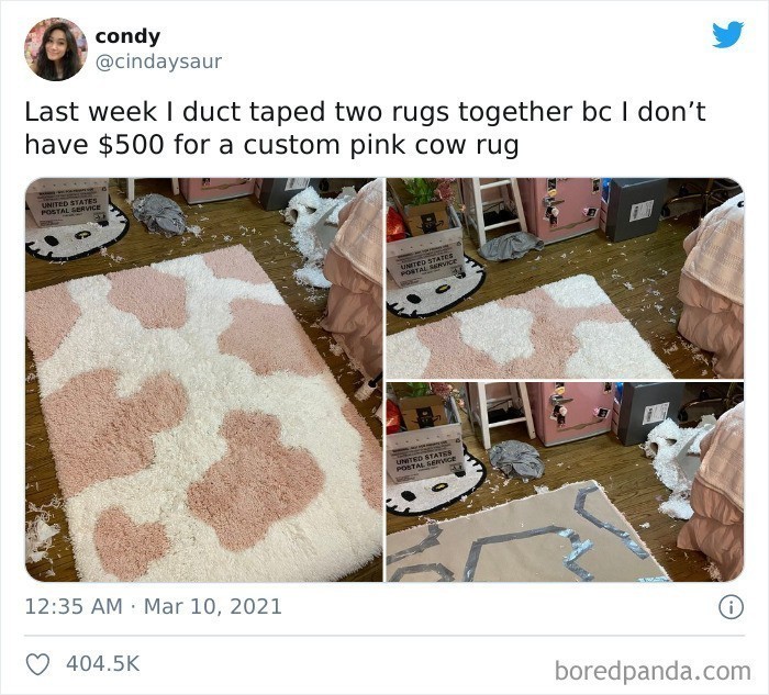 2. "W zeszłym tygodniu skleiłam dwa dywany, bo nie mam 500 dolarów na taki dywan robiony na zamówienie."