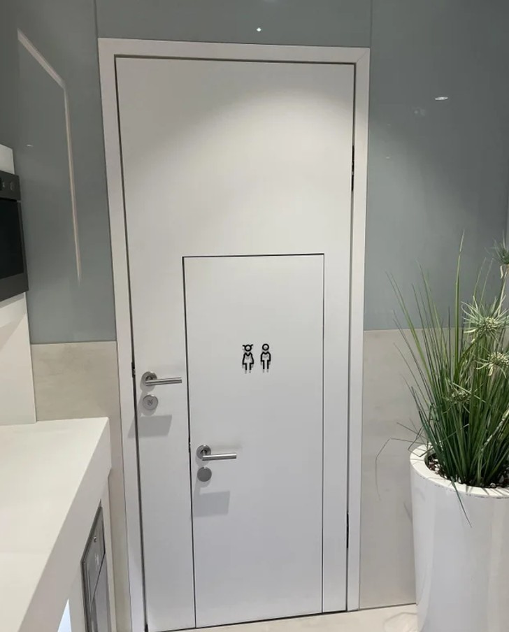 "Te drzwi od toalety posiadają mniejsze drzwi przeznaczone dla dzieci."