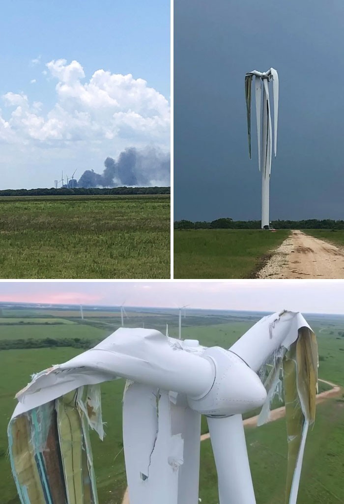Turbina wiatrowa w Teksasie zniszczona przez tornado w 2021 roku