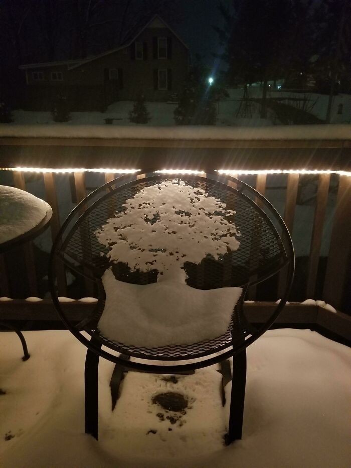 10. Topniejący śnieg na tym krześle przypomina drzewo.