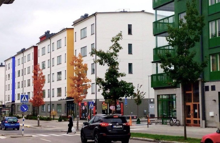 "Drzewa na tej ulicy dopasowały się kolorami do budynków."