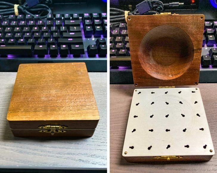 14. "Drewniane pudełko znalezione w lombardzie. Przestrzeń za każdą dziurką jest wydrążona, ale nie łączą się pod powierzchnią."
