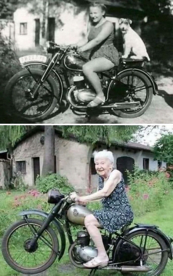 To samo miejsce, ten sam motocykl, ta sama kobieta, 72 lata różnicy