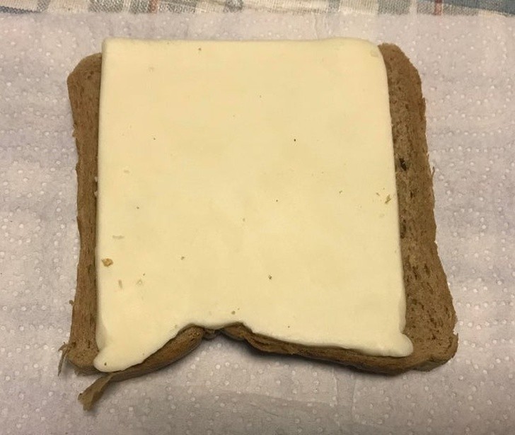 14. Dziwny kawałek sera pasuje na równie dziwną kromkę chleba.