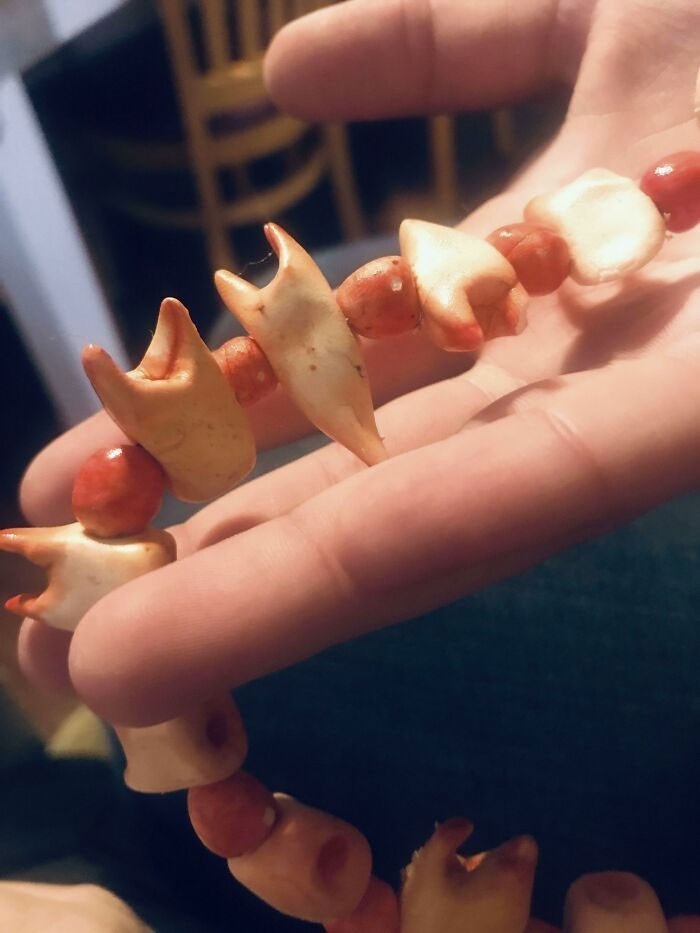 "Córka wykonała realistycznie wyglądający naszyjnik z glinianych zębów."