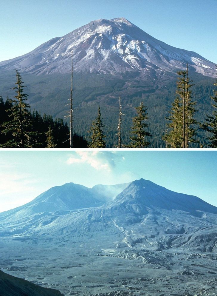 Mount St. Helens dzień przed erupcją i dzień po