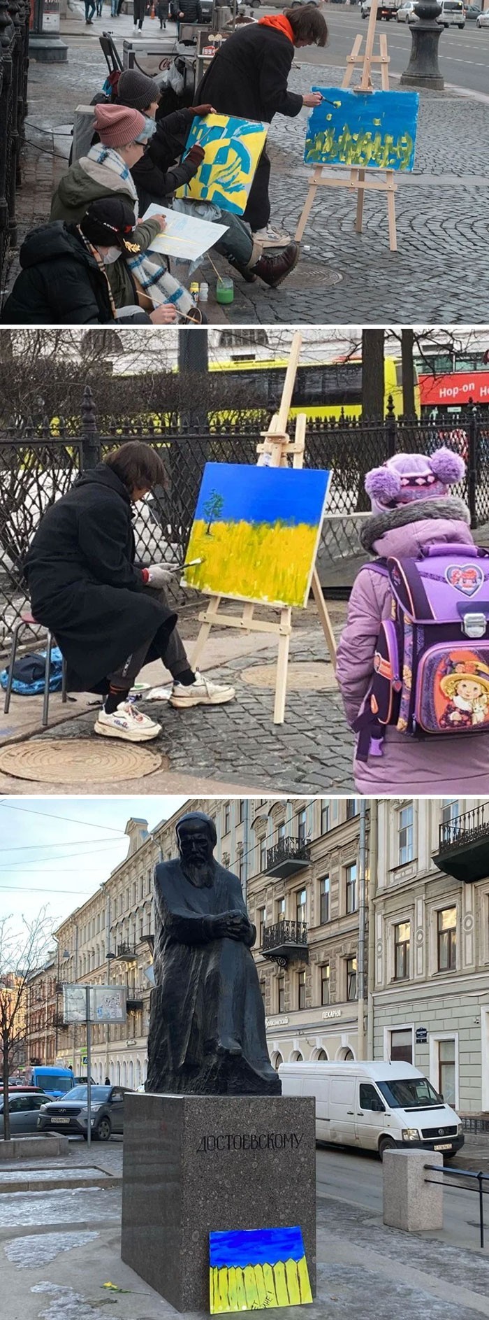 "Nieautoryzowane protesty są wzbronione w Rosji, więc artyści w Petersburgu postanowili poćwiczyć malowanie na świeżym powietrzu."
