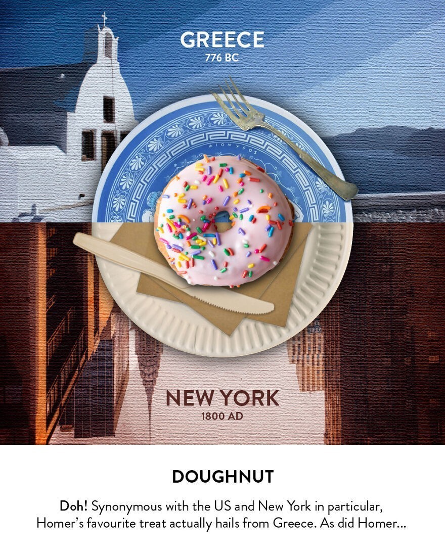 Donuty - Doh! Kojarzony ze Stanami Zjednoczonymi, a szczególnie Nowym Jorkiem, ulubiony przysmak Homera w rzeczywistości wywodzi się z Grecji. Podobnie jak Homer...