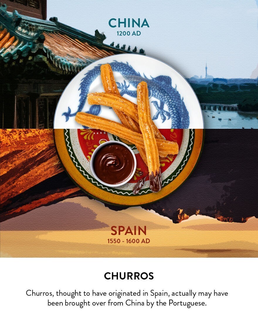 Churros - Choć wierzono, że ich ojczyzną jest Hiszpania, churros mogły trafić na Półwysep Iberyjski z Chin za sprawą Portugalczyków.