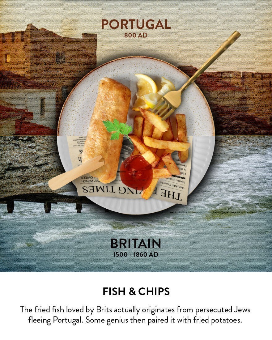 Ryba z frytkami - Uwielbiana przez Brytyjczyków smażona ryba wywodzi się od prześladowanych Żydów, którzy uciekli z Portugalii. Jakiś geniusz połączył ją z frytkami.