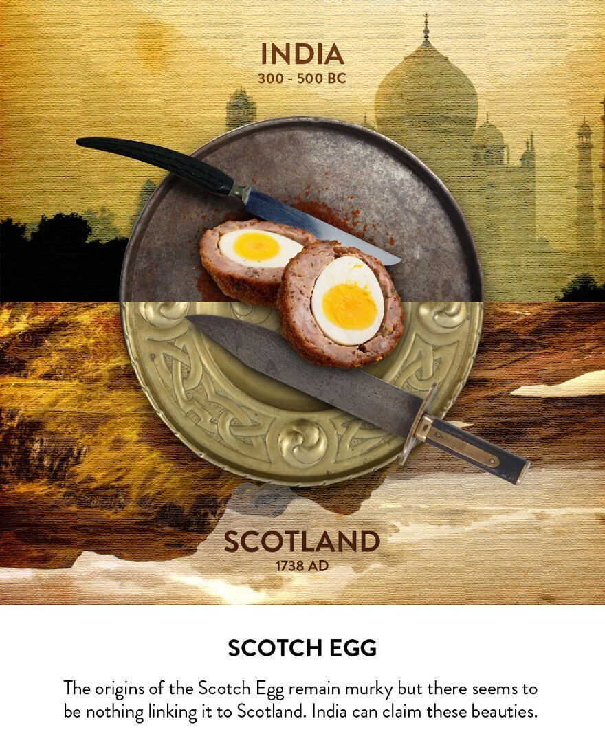 Scotch Egg - Pochodzenie "szkockiego jajka" pozostaje niejasne, ale wygląda na to, że nie ma ono nic wspólnego ze Szkocją. Indie mogą przypisać sobie to kulinarne cudo.
