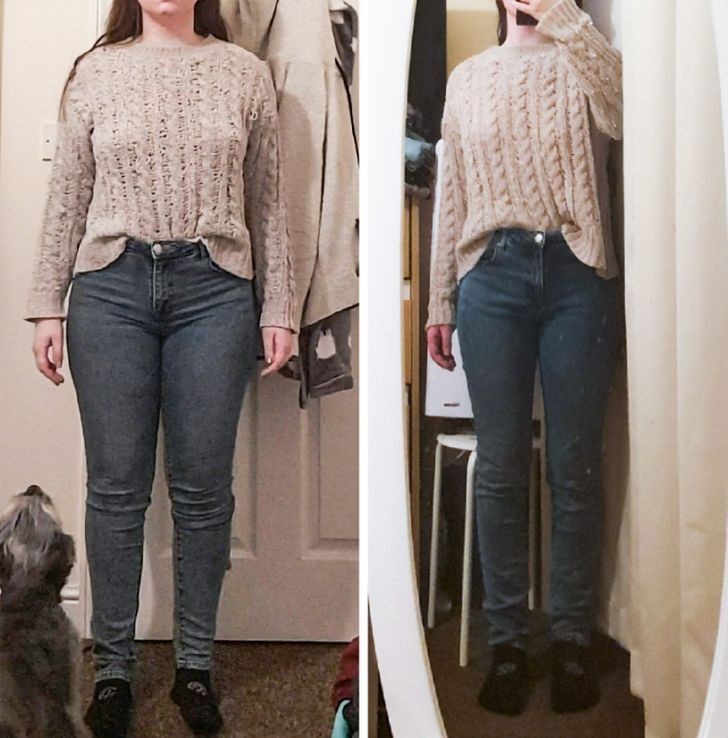 2. "Zrzuciłam 20 kg w ciągu 6 miesięcy - ten sam strój, ale sweter nie jest napięty, więc widać jego wzór."