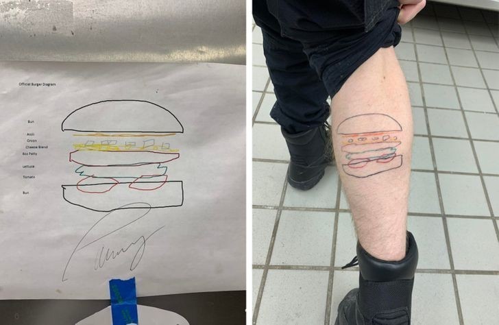 16. "Moi kucharze mieli problemy ze zrozumieniem moich oczekiwań odnośnie składania burgerów. Rozrysowałem im to w Paincie. Rysunek spodobał się jednemu kucharzowi tak bardzo, że wytatuował go sobie na nodze."