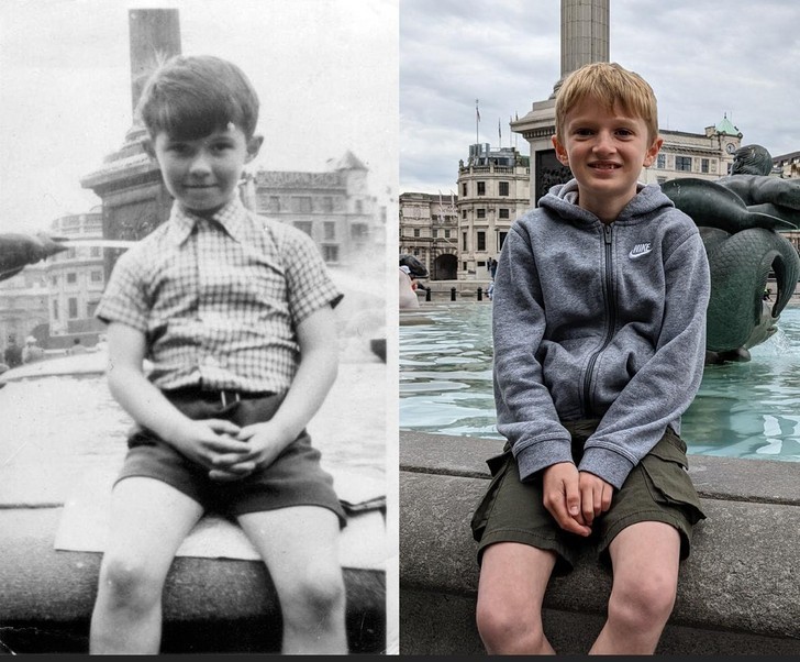 "Trafalgar Square, Londyn, 70 lat odstępu. Mój tata i mój syn"