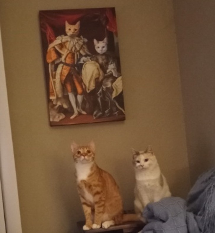 "Moje koty, siedzące przed ich własnym portretem, który dla nich zrobiliśmy"