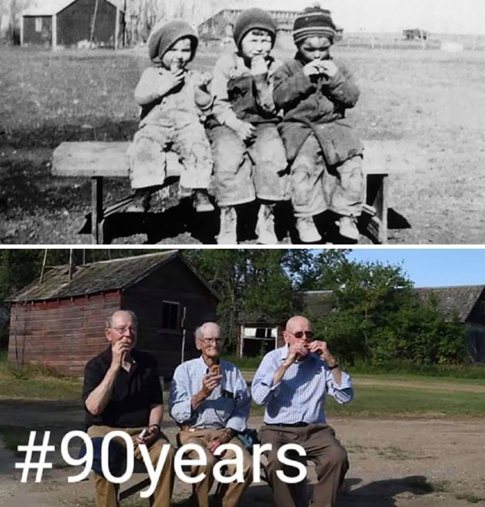1. "Trzej żyjący bracia mojego dziadka spotkali się ponownie po 90 latach na tej samej farmie, na tej samej ławce."