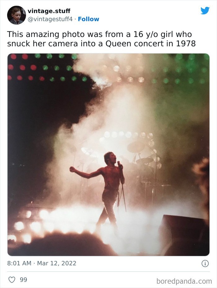"To niezwykłe zdjęcie zostało zrobione przez 16-letnią dziewczynę, która przemyciła swój aparat na koncert Queen w 1978 roku."