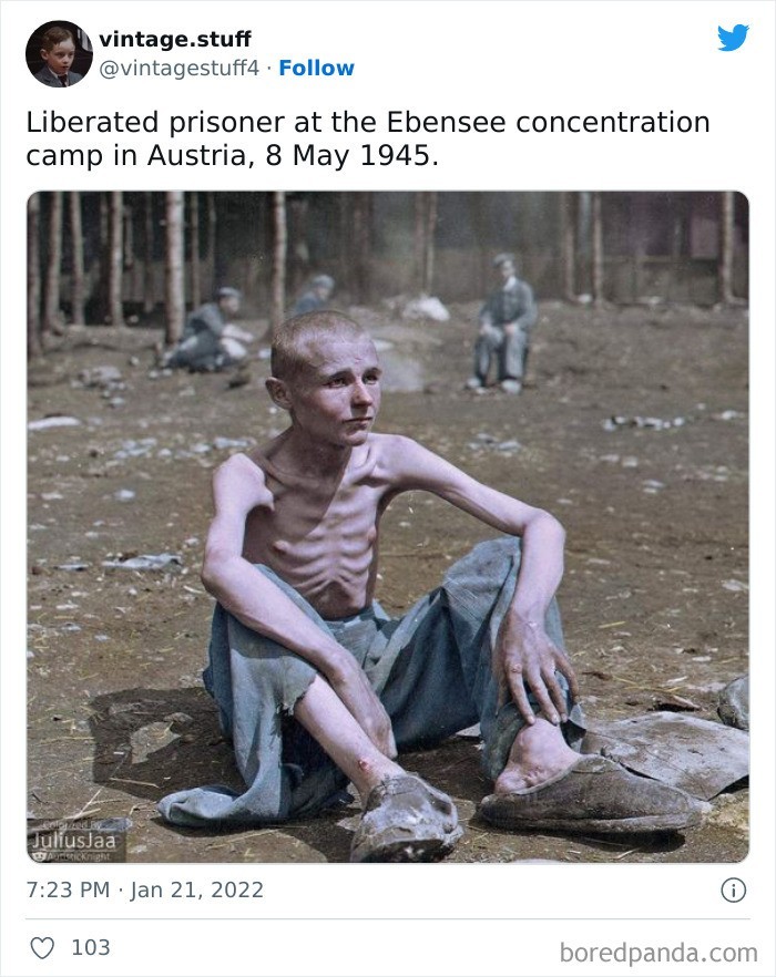 "Więzień wyzwolony z obozu koncentracyjnego w Ebensee, Austria, 8 maja, 1945"
