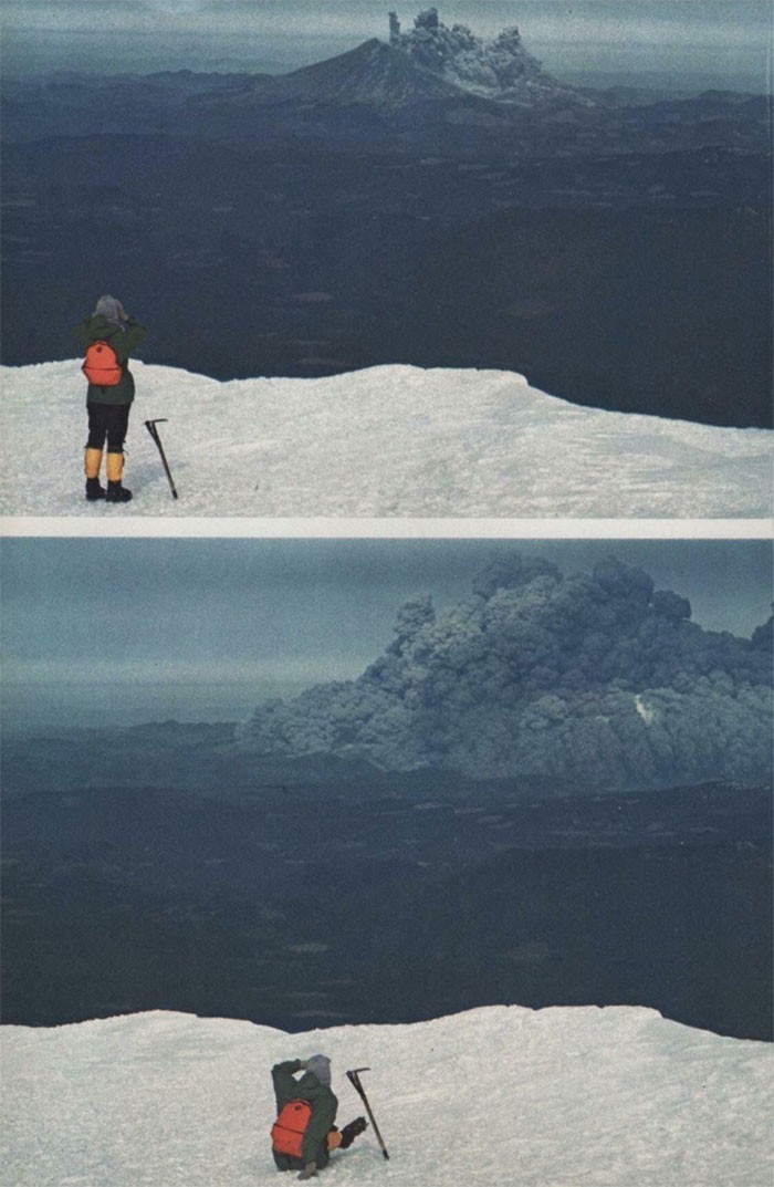 3. Zdjęcie wspinacza obserwującego erupcję Mount St. Helens