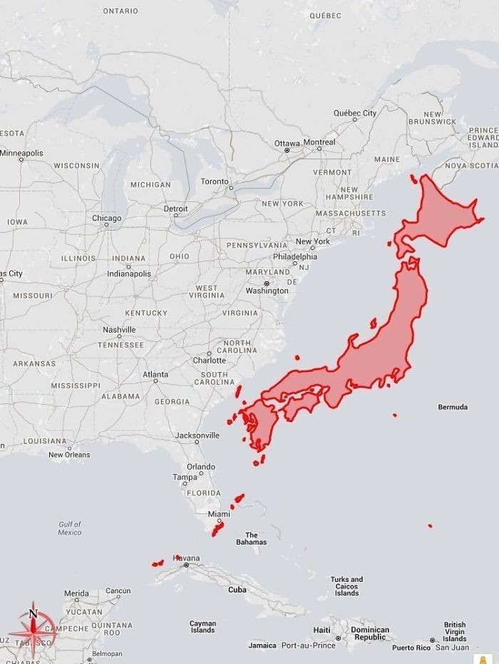 5. Rozmiar Japonii w porównaniu do fragmentu Stanów Zjednoczonych