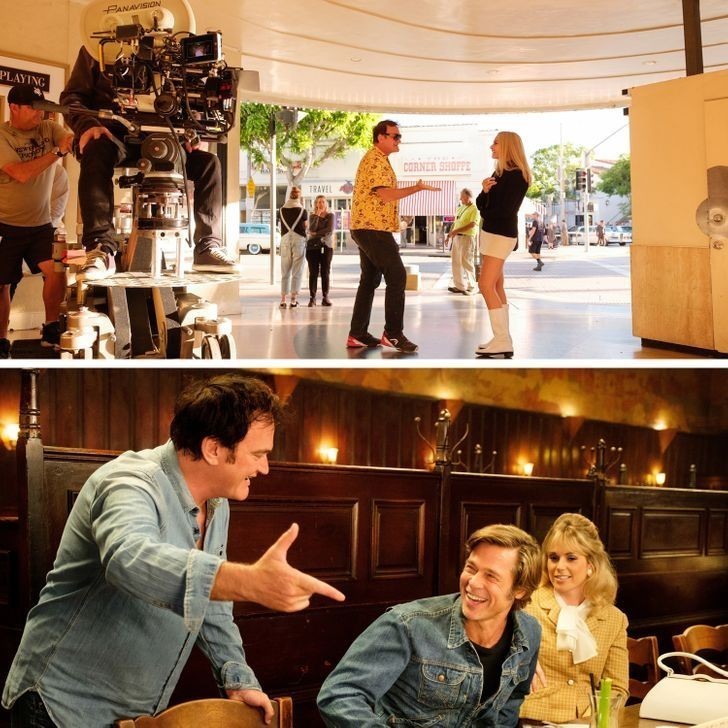 12. Quentin Tarantino dający wskazówki Margot Robbie i Bradowi Pittowi na planie "Pewnego razu... w Hollywood"