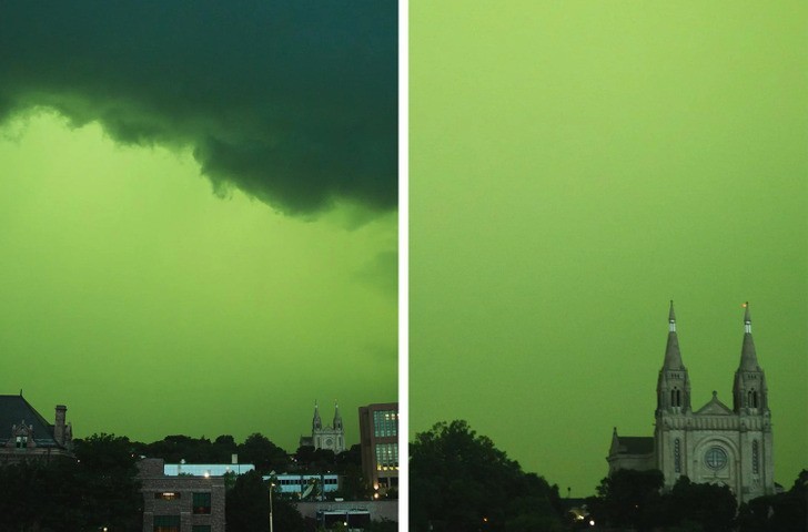"Tej nocy nad naszym miastem przeszła ogromna burza, a niebo stało się zielone."