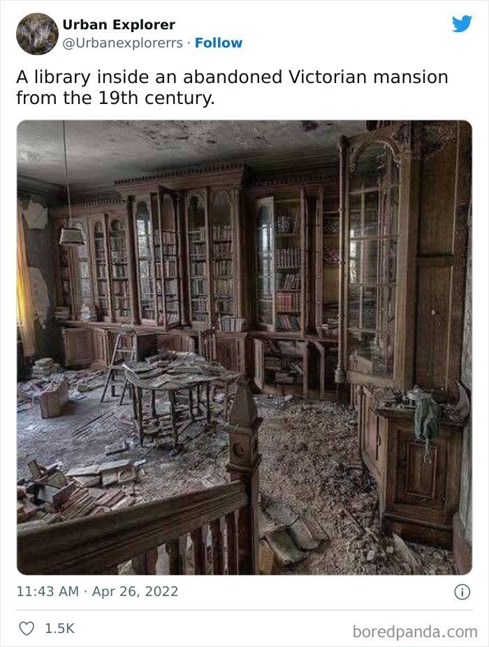 "Biblioteka wewnątrz opuszczonej wiktoriańskiej posiadłości z XIX wieku"