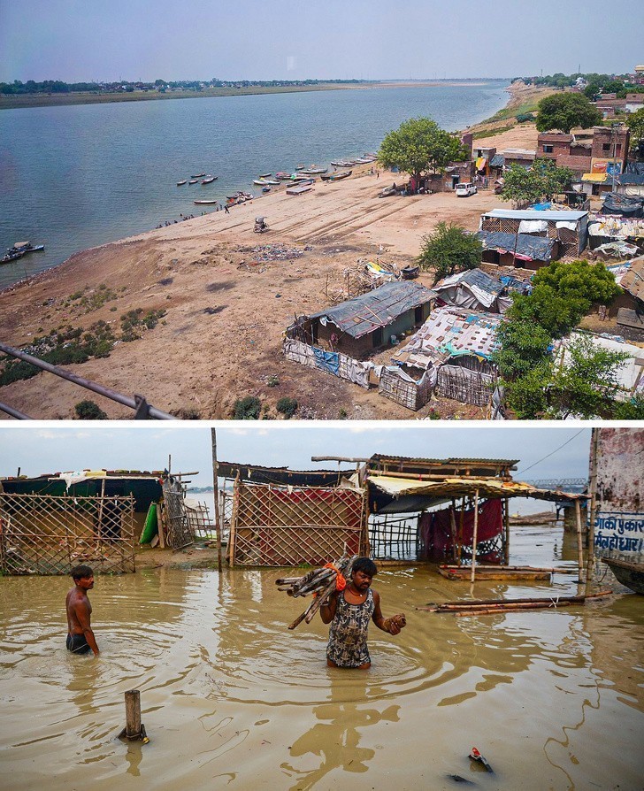 10. Powódź miasta Allahabad w Indiach pozostawiła mnóstwo osób bez domów i dobytku.