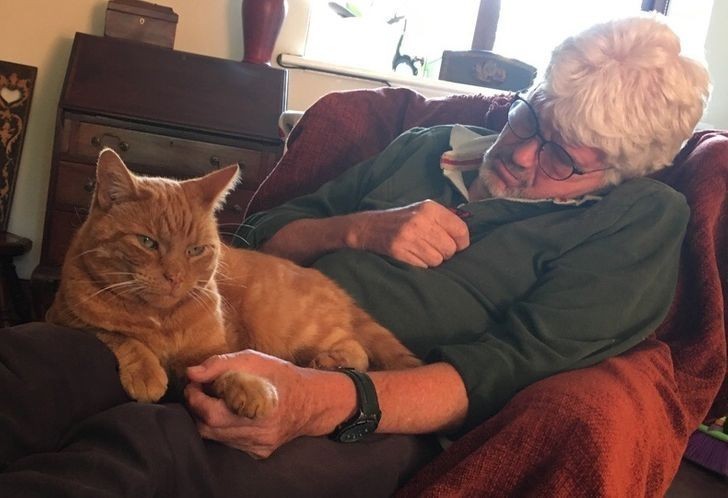 13. "Mój tata trzyma kota za rękę gdy zasypia."