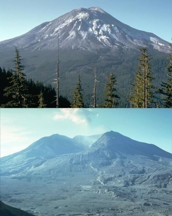 Wulkan Mount St. Helens sfotografowany w tym samym miejscu - dzień przed erupcją i cztery miesiące po