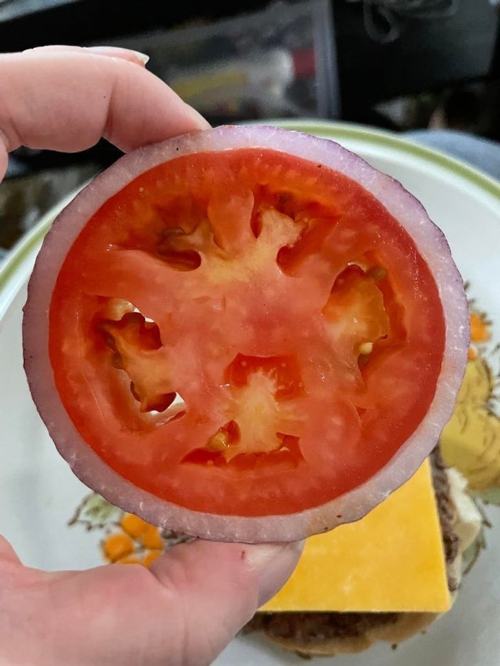 5. "Mój plasterek pomidora idealnie dopasował się do krążka cebuli."