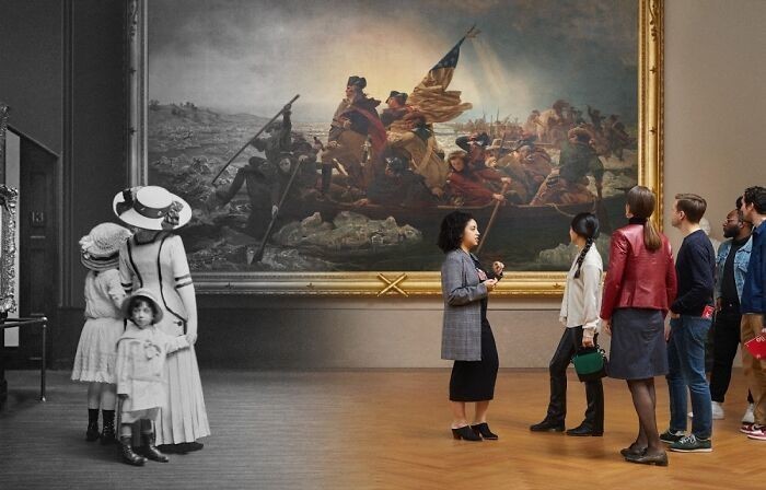 5. Zwiedzający w muzeum The Metropolitan Museum of Art w Nowym Jorku, podziwiający malowidło "Waszyngton przekraczający Delaware" 1910 i 2019