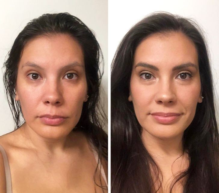 9. "Przed i po delikatnym porannym makijażu - spróbowałam bardziej wyrazistych brwi."