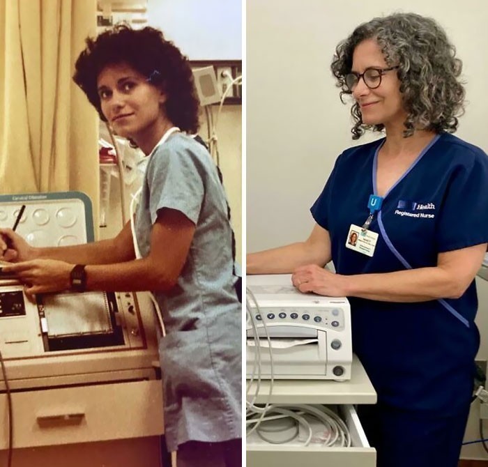 3. "Właśnie przeszłam na emeryturę po 42 latach pracy jako pielęgniarka w tym samym szpitalu. Oto ja na początku kariery (1979) i na końcu."