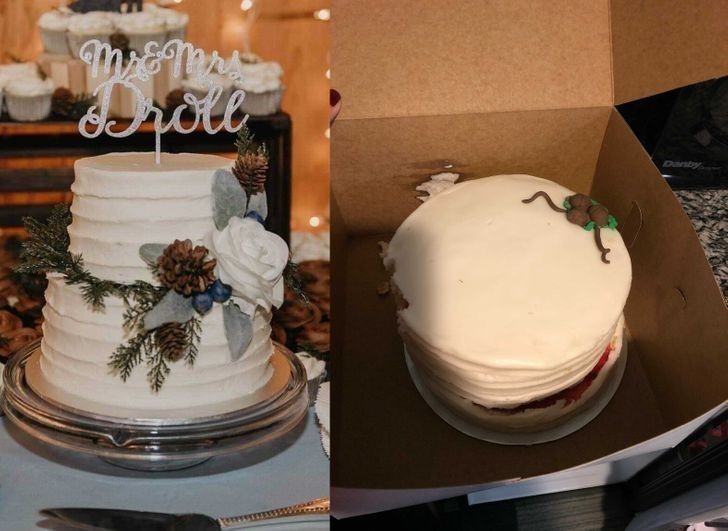 1. "Siostra chciała miniaturową wersję swojego tortu z wesela na rocznicę ślubu... Oto zdjęcie tortu vs 'replika' przygotowana przez piekarnię."