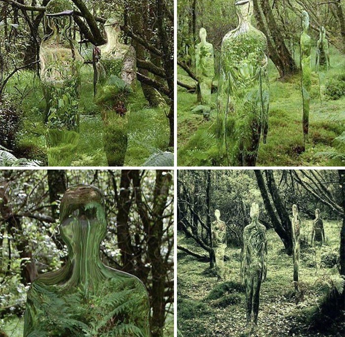 "Lustrzane rzeźby w lesie autorstwa szkockiego artysty Roba Mulhollanda"
