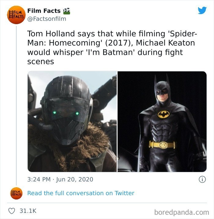 5. Tom Holland opowiedział, że podczas kręcenia scen walki w "Spider-Man: Homecoming", Michael Keaton szeptał "Jestem Batmanem."