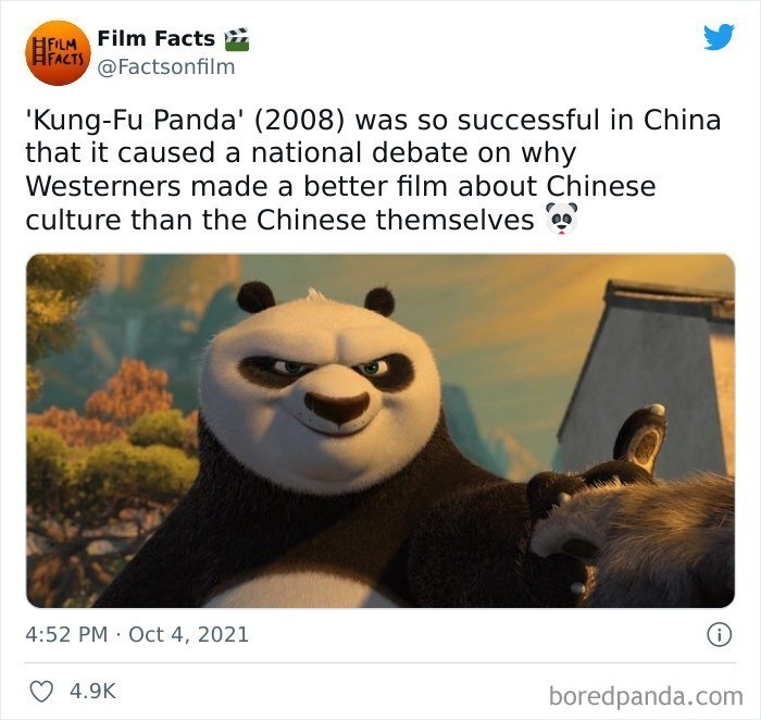 6. Film "Kung-Fu Panda" odniósł w Chinach taki sukces, że wywołał narodową debatę dociekającą dlaczego na zachodzie stworzono lepszy film o chińskiej kulturze niż w samych Chinach.