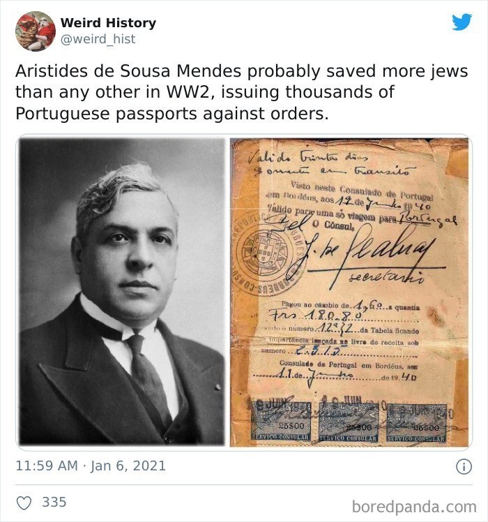 1. "Aristides de Sousa Mendes prawdopodobnie ocalił więcej żydów niż ktokolwiek inny podczas drugiej wojny światowej, wręczając im tysiące portugalskich paszportów, wbrew rozkazom."