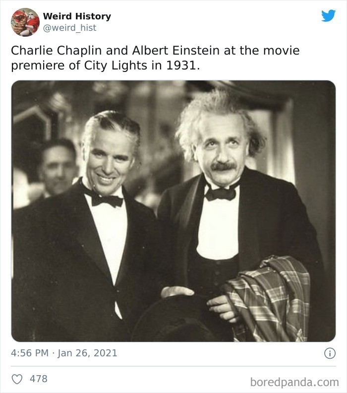 14. "Charlie Chaplin i Albert Einstein podczas premiery kinowej "Świateł wielkiego miasta" w 1931 roku"